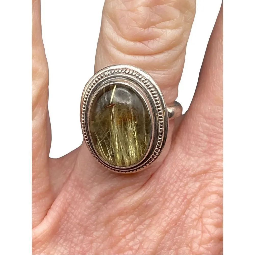 Sterling Silver 925 Oval Rutilated Quartz Ring rope detail size 5.5